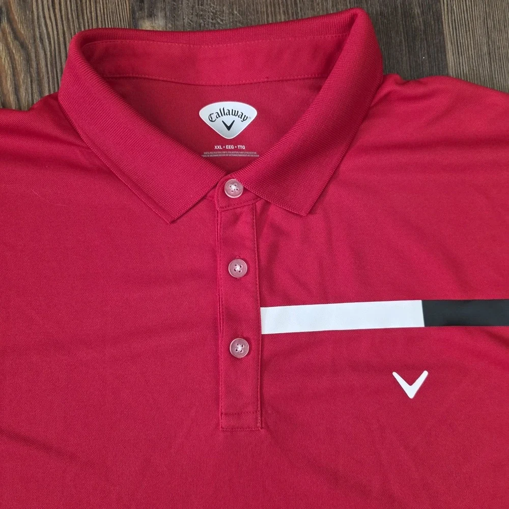 CALLAWAY Men's Golf Polo Shirt Size 2XL‎ Red / White Stripe Chest Short Sleeve